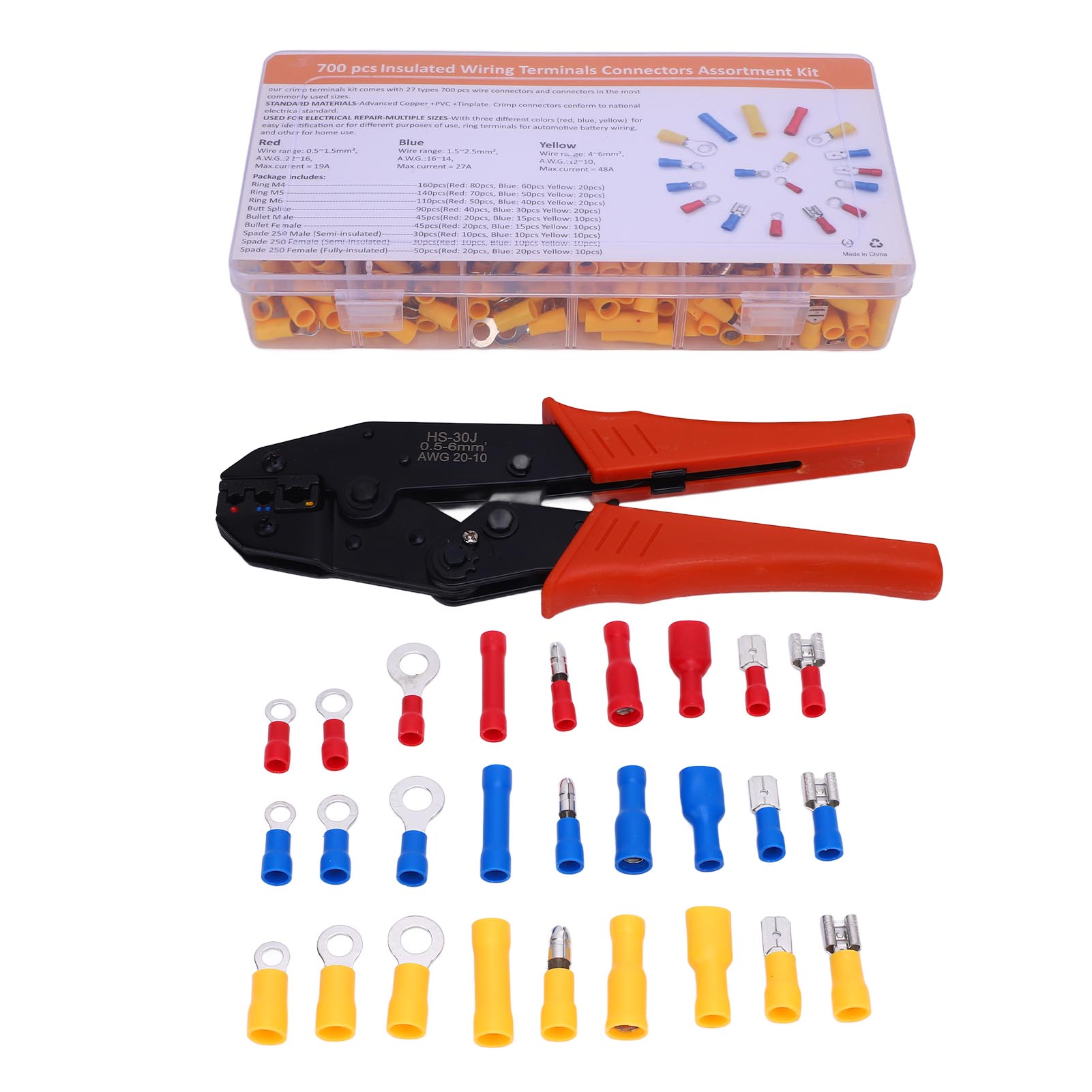 700-teiliges Isoliertes Crimp-set + Ergonomisches Crimpwerkzeug, Elektrische Steckverbinder Für Kfz, Schifffahrt Und Lkw, Rot, Blau Und Gelb, Aufbewahrungsbox