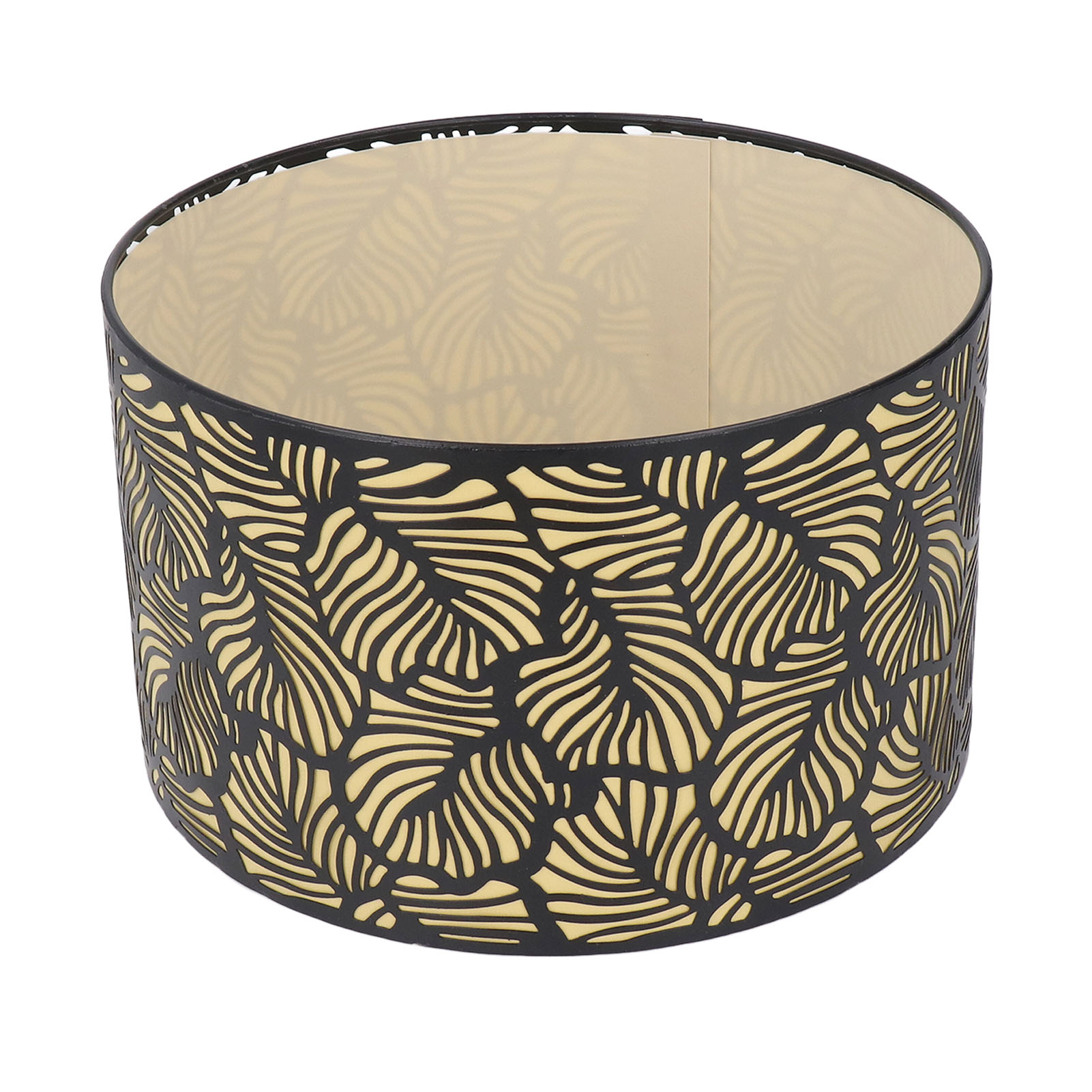 Schwarzer Metalllampenschirm Mit Gelbem Futter, Ø 25 Cm, H 16 Cm, E14/e27-leuchtmittel, Durchbrochenes Design Mit Blattmuster, Warmes Licht, Für Den Innenbereich