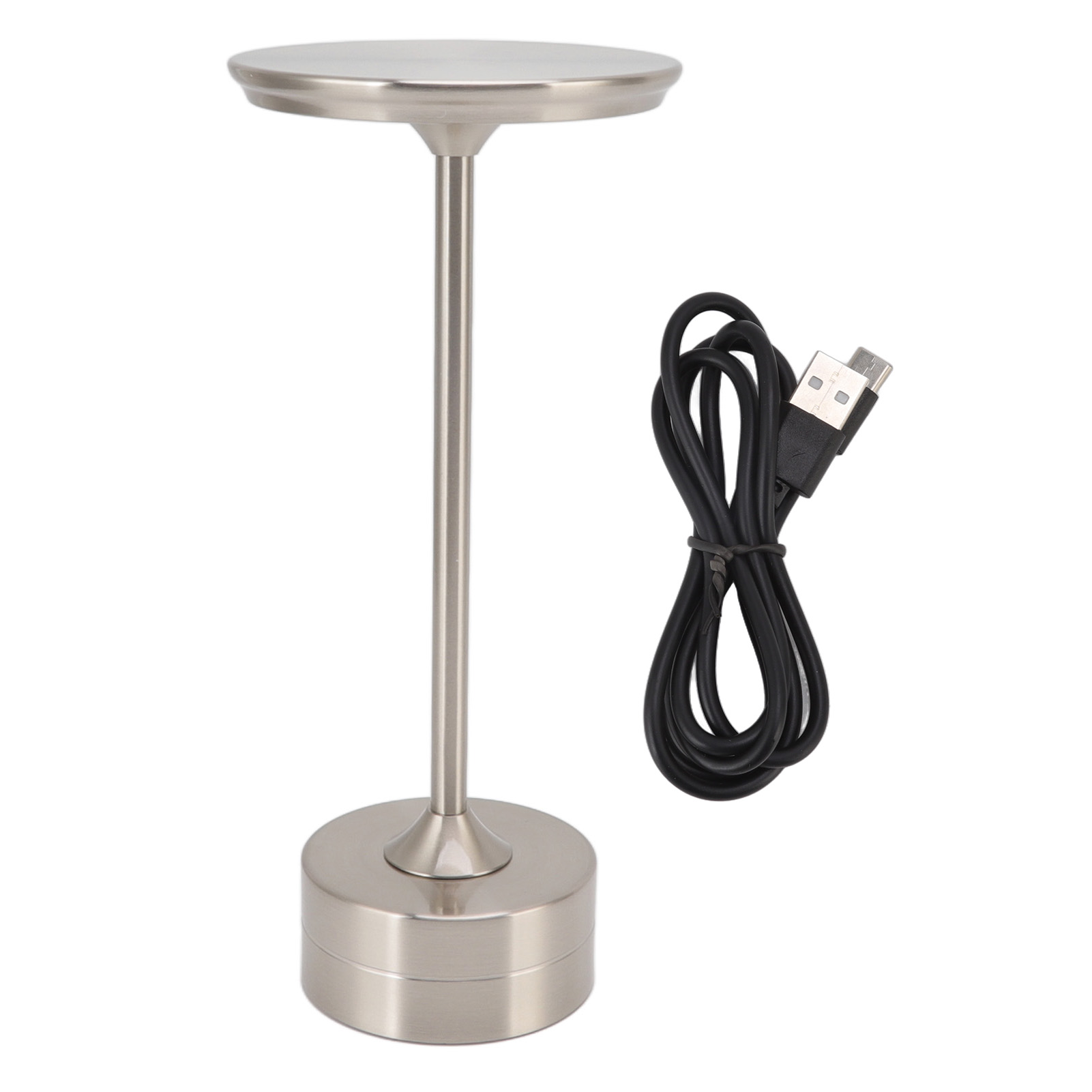 Wiederaufladbare, Kabellose Led-tischleuchte Aus Silberfarbenem Metall Mit 3 Helligkeitsstufen, 2000-mah-akku, Usb-c-anschluss Und Elegantem, Modernem Design.