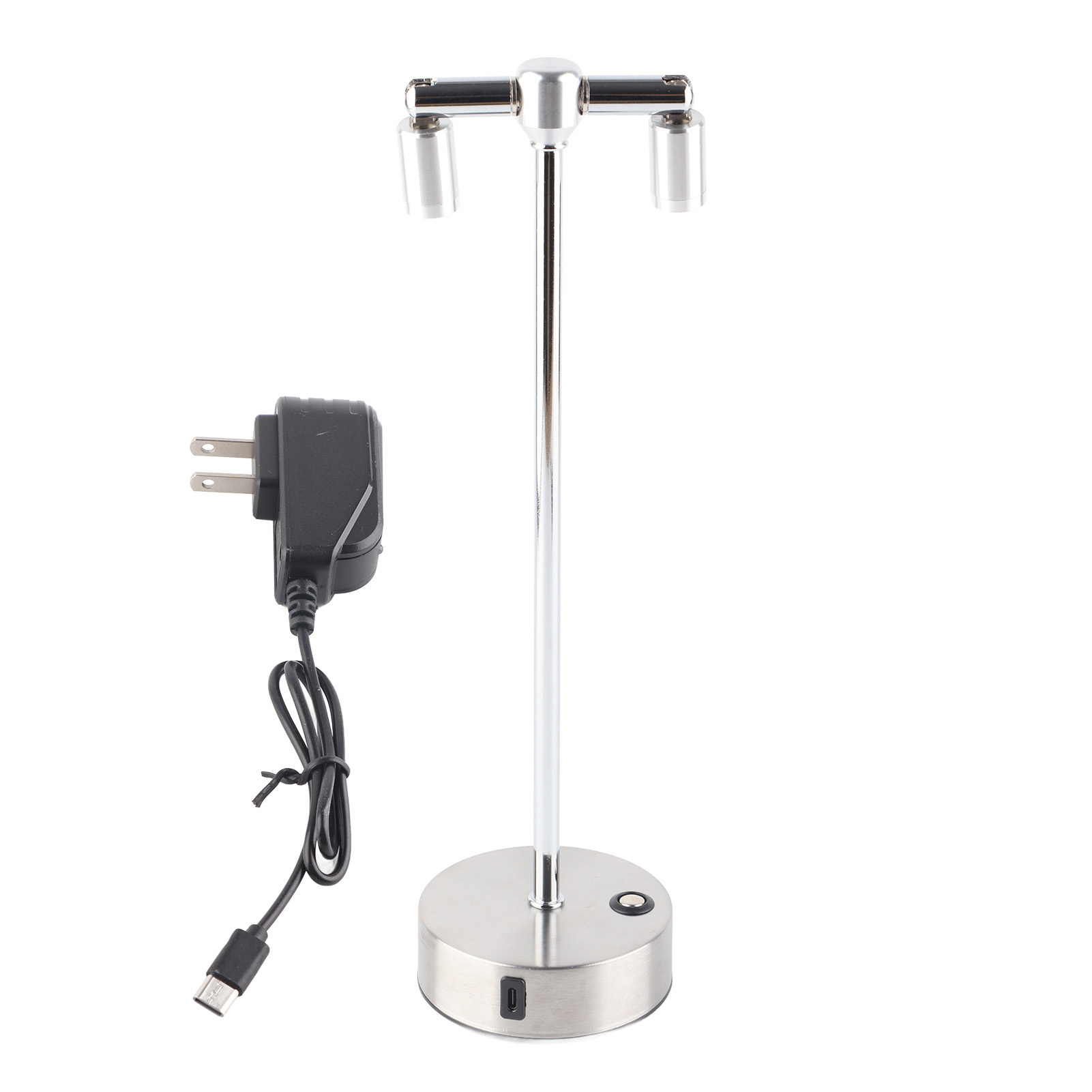 Wiederaufladbare Led-tischleuchte Mit Zwei Leuchtenköpfen, 35 Cm, Silberfarbenes Metall, Retro-design
