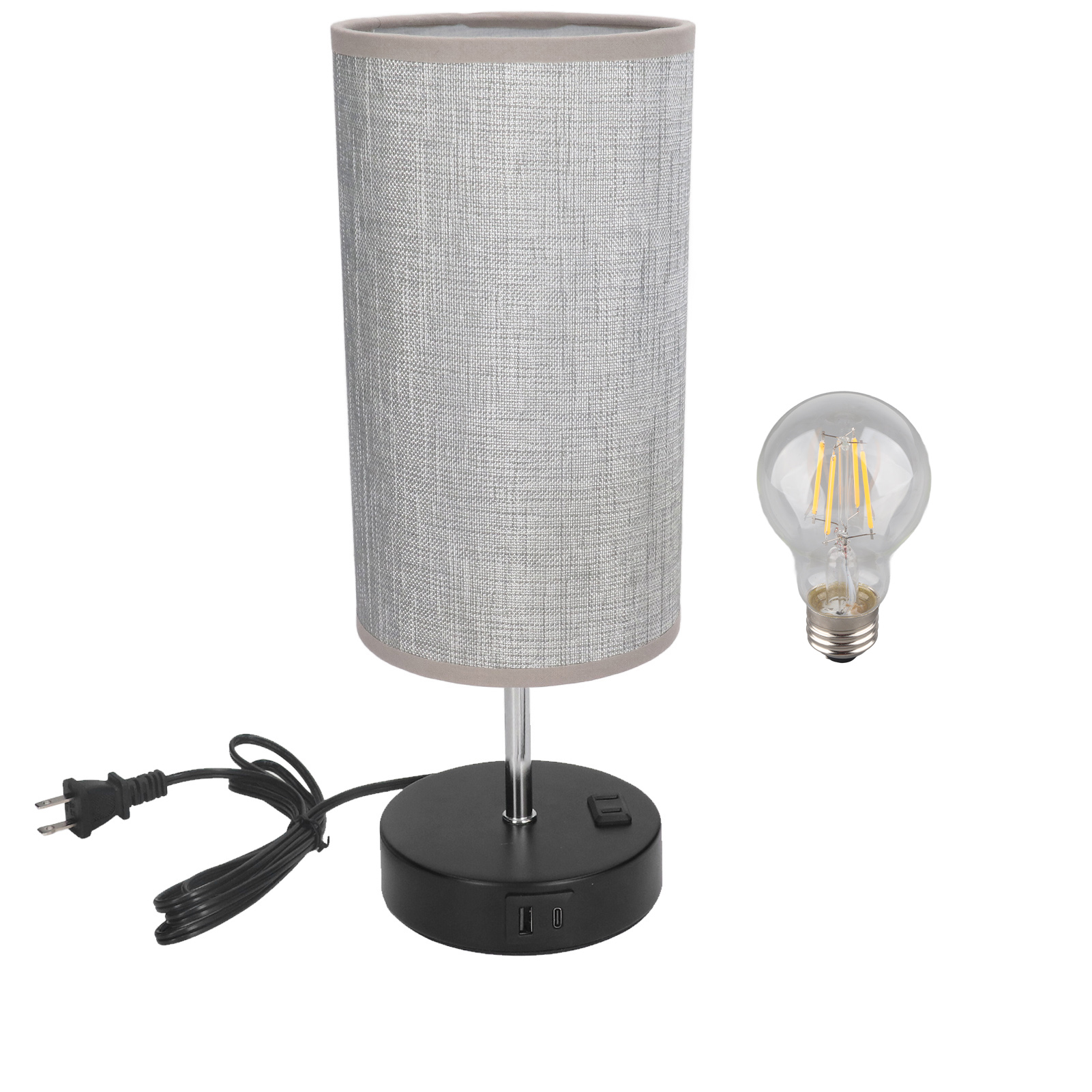 Berührungsempfindliche Led-nachttischlampe Mit 3 Helligkeitsstufen, Grauem Leinenschirm, Schwarzem Metallfuß, 2 Usb-anschlüssen Zum Schnellladen, Elegantem, Modernem Design