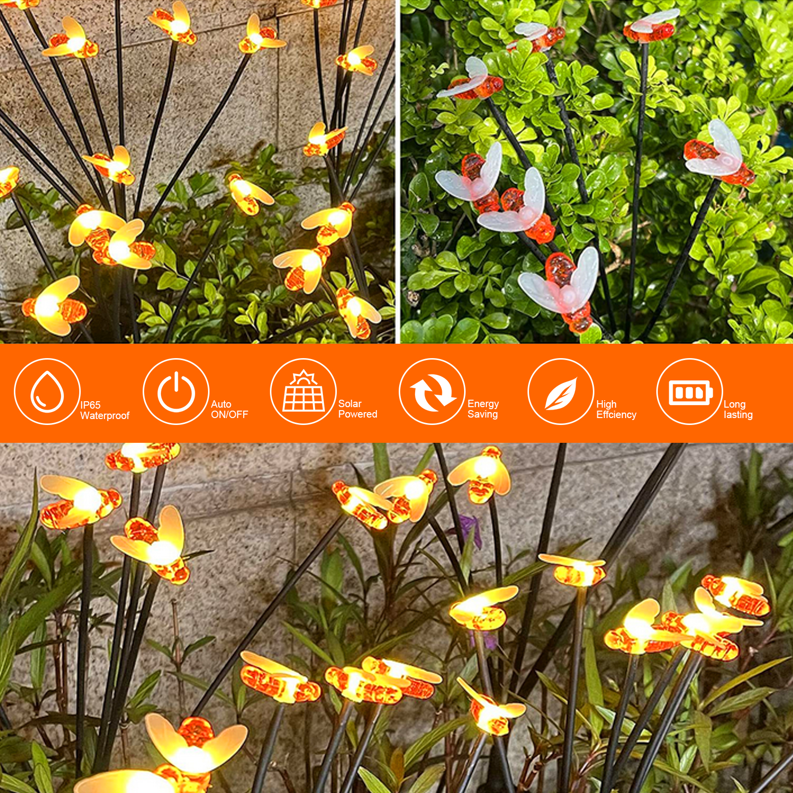 2er-set Solar-gartenleuchten, Dekoratives Bienen-design, Ip65, Edelstahl Und Abs, 68 Cm, 6 Leuchtenköpfe, Warmweißes Licht, Kabellos Für Den Außenbereich