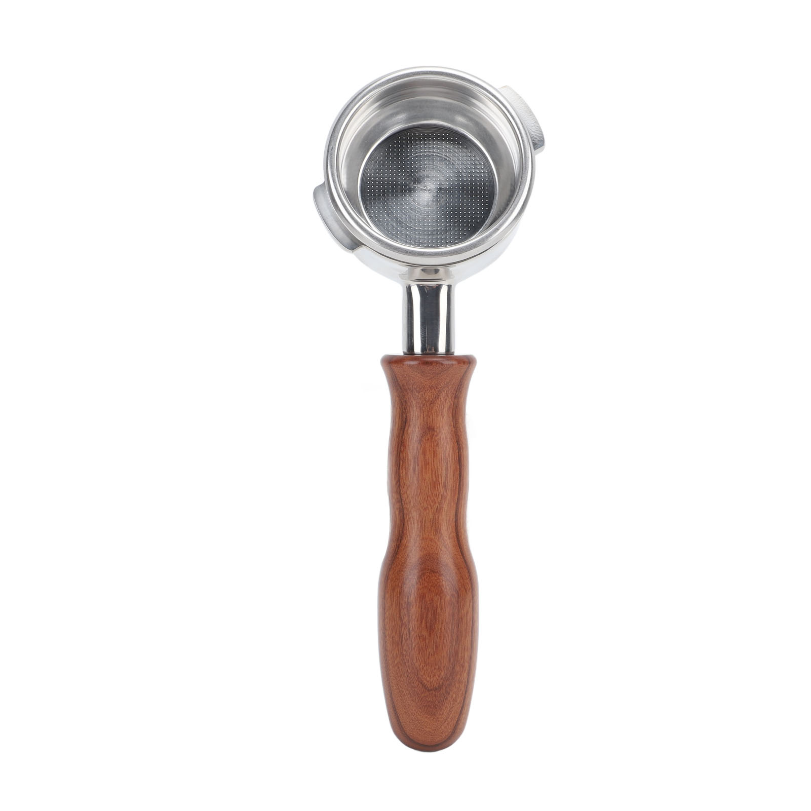 Bodenloser Siebträger Für Nowwa 58-mm-maschinen. Edelstahl Und Rotes Holz. Elegantes Design. Präzise Extraktion.