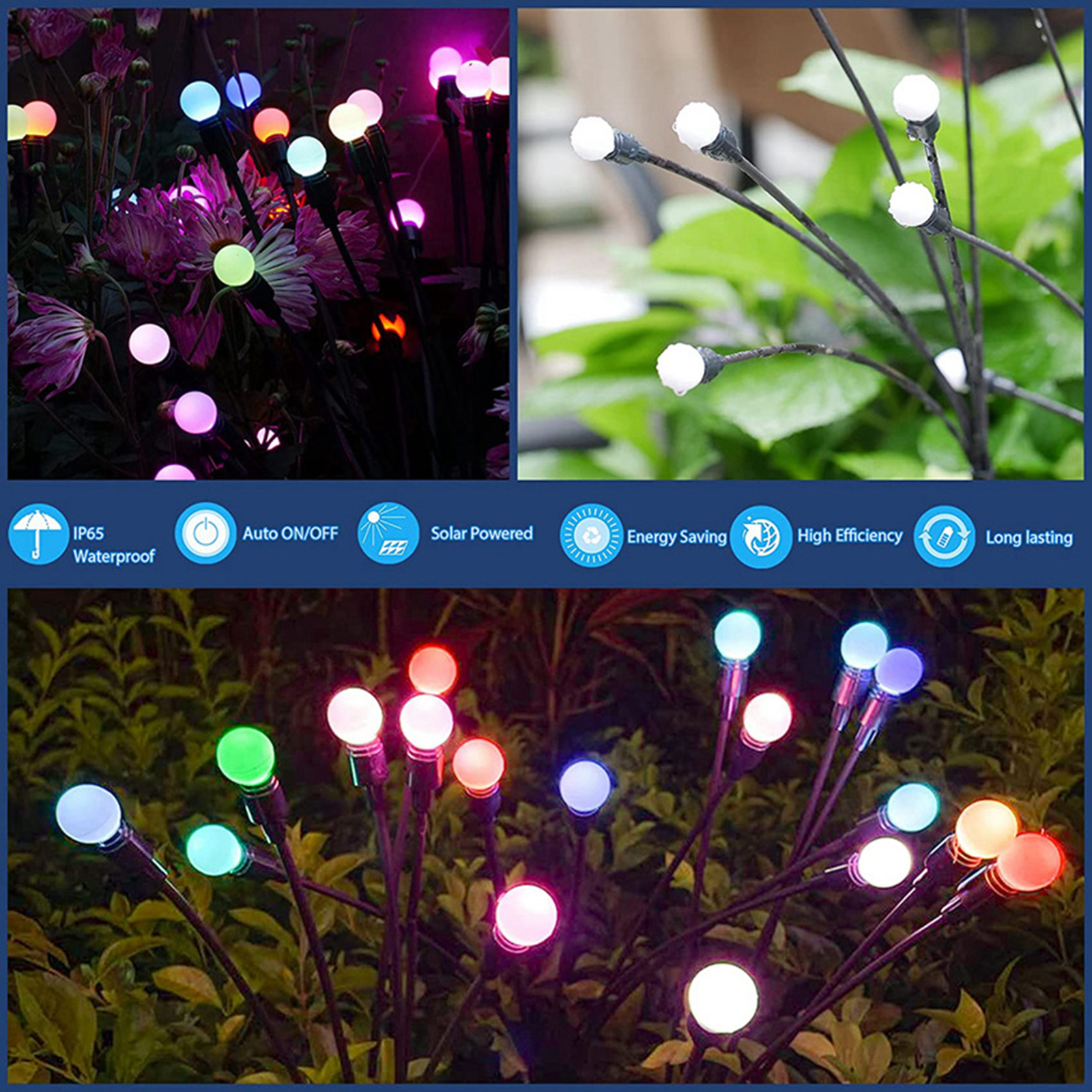 Firefly Solar-gartenleuchten – 8 Warmweiße Led-köpfe, Erdspieß Aus Edelstahl Und Abs, Schutzart Ip65, 70 Cm Höhe, Autarke Gartendekoration