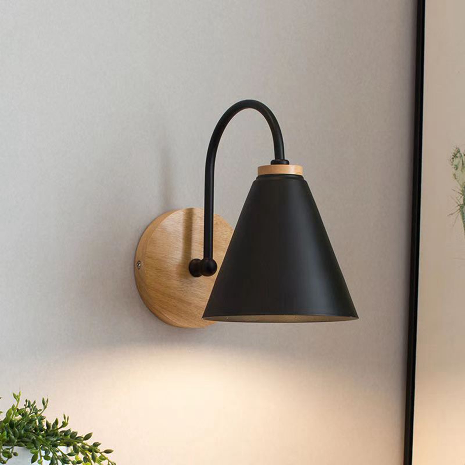 Toivize Gebogene Wandleuchte, Schwarzes Eisen Und Massivholz, Nordisches Design, E27-fassung, Für Flur, Schlafzimmer, Wohnzimmer, Büro, Innenbereich