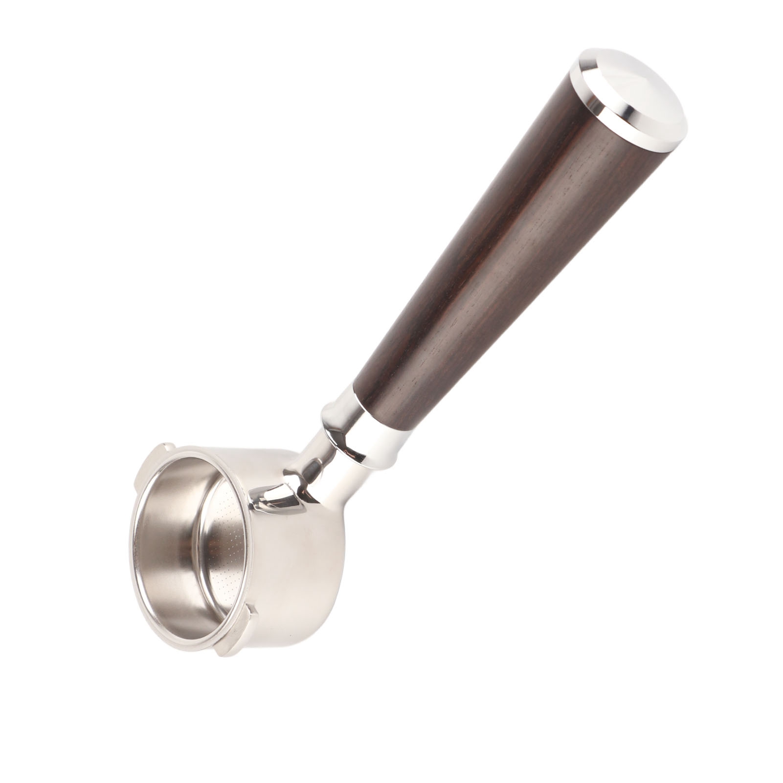 Bodenloser 51-mm-filterhalter, Kompatibel Mit Der Delonghi Eco310, Aus Edelstahl Mit Ergonomischem Griff Aus Schwarzem Mahagoniholz.