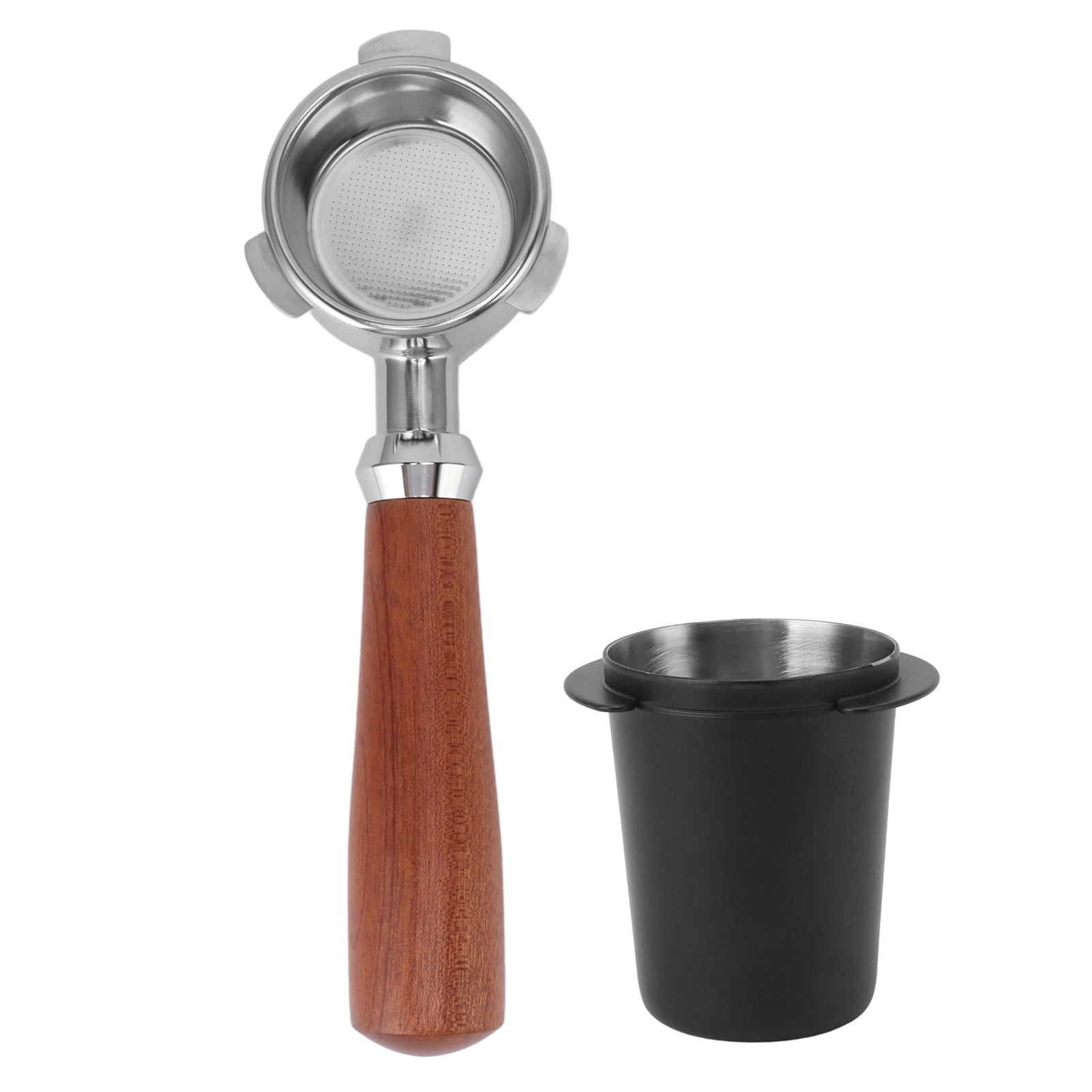 Bodenloser 51-mm-edelstahl-siebträger Mit Schwarzem Holzgriff Und Pulverbehälter Für Perfekte Extraktion In Espressomaschinen.