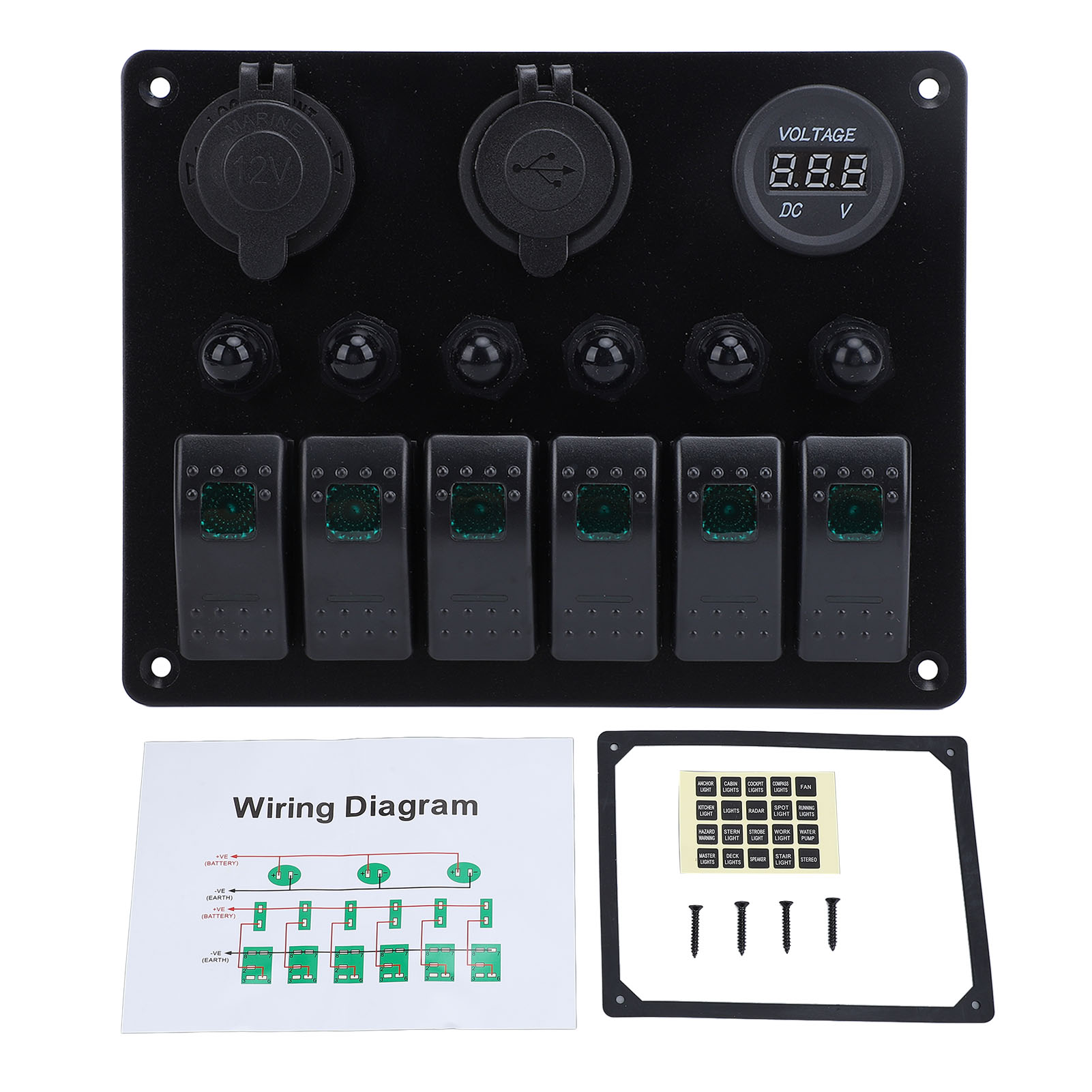 Toivize 6-wege-bedienfeld 12-24v Ip66 Mit Led-voltmeter, Zwei Usb-anschlüssen (qc3.0/pd) Und Integrierten Schutzschaltern Für Boote/wohnmobile