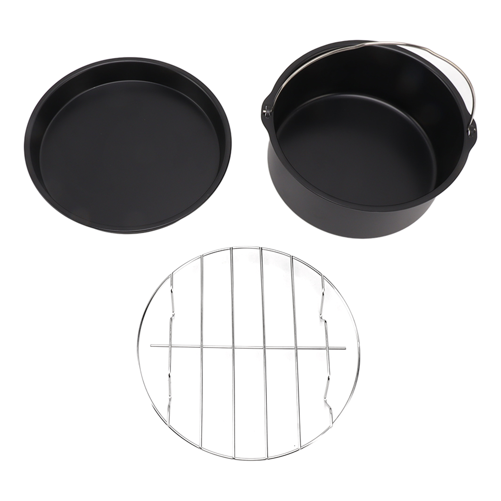 3-teiliges Universal-zubehörset Für Heißluftfritteusen, Schwarzer Edelstahl, 18 Cm Pizzablech, Grill, Antihaftbeschichtete Backform, Ofenfest