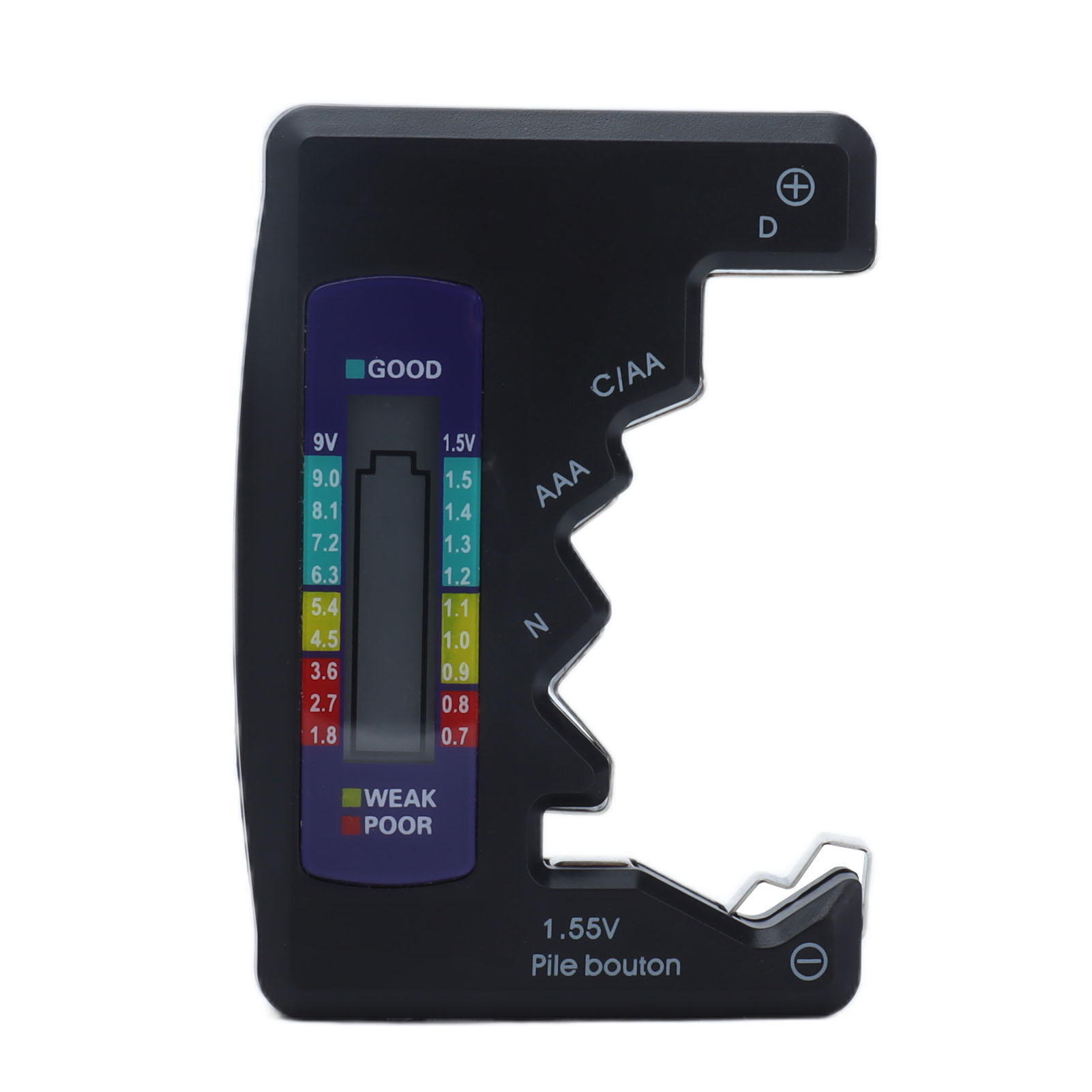 Kompakter Und Präziser Digitaler Batterietester Mit Schwarzem Lcd-display Für Aa-, Aaa- Und 9-v-batterien. Ausgestattet Mit Einer Gut Lesbaren Anzeige, Integriertem Akku Und Robustem Abs-gehäuse.