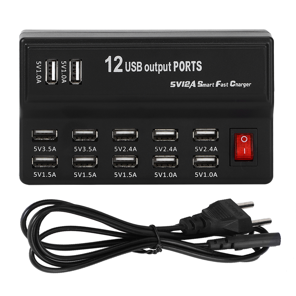 12-port-usb-ladegerät – Intelligente Steckdosenleiste – Sicheres Schnellladen – Kompaktes Schwarz (13,5 X 8,5 Cm) – Abs & Kupfer