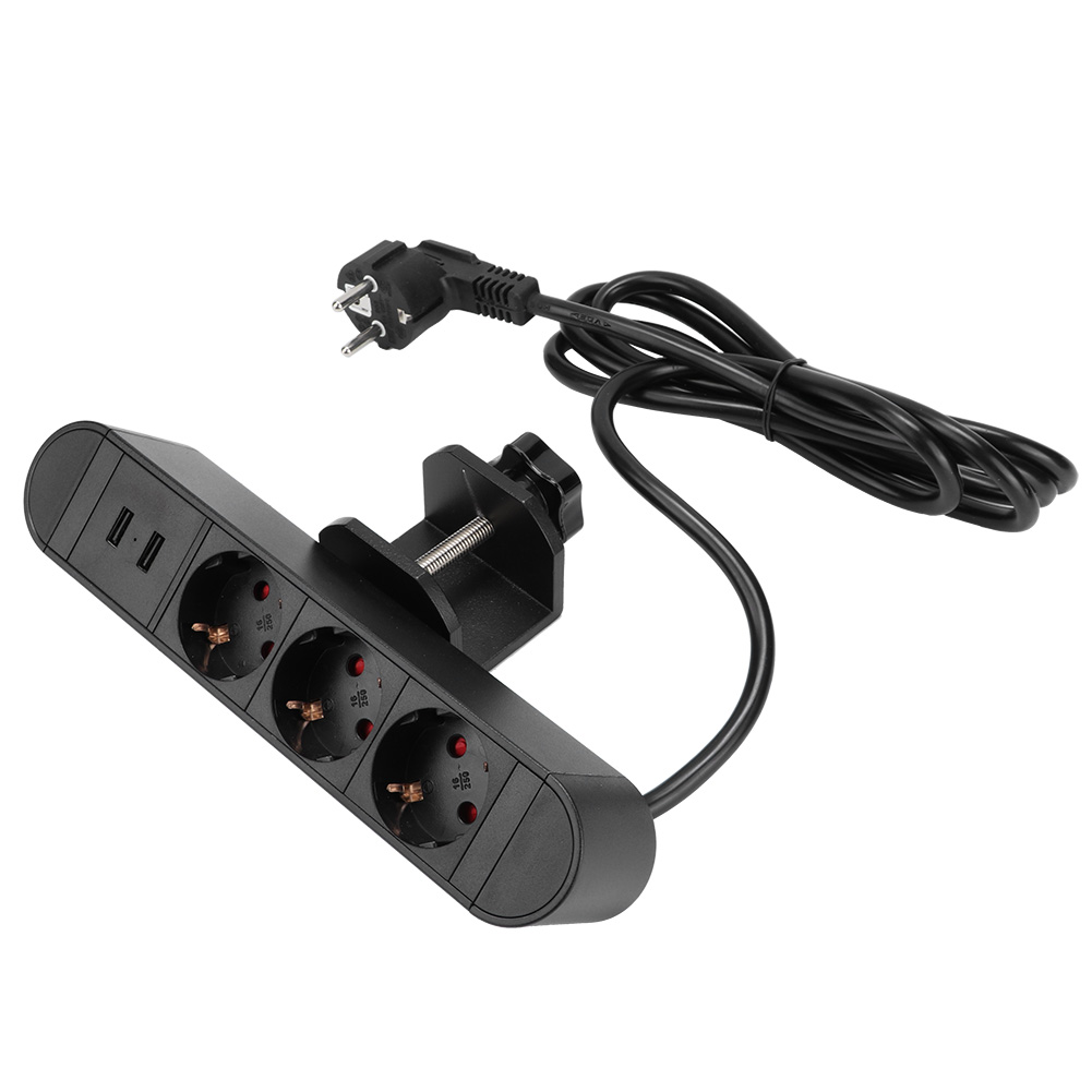 Versenkbare Tischsteckdose – Schwarz – 3 Ac-steckdosen + 2 Usb-anschlüsse – 1,9 M Kabel – Klemmbefestigung