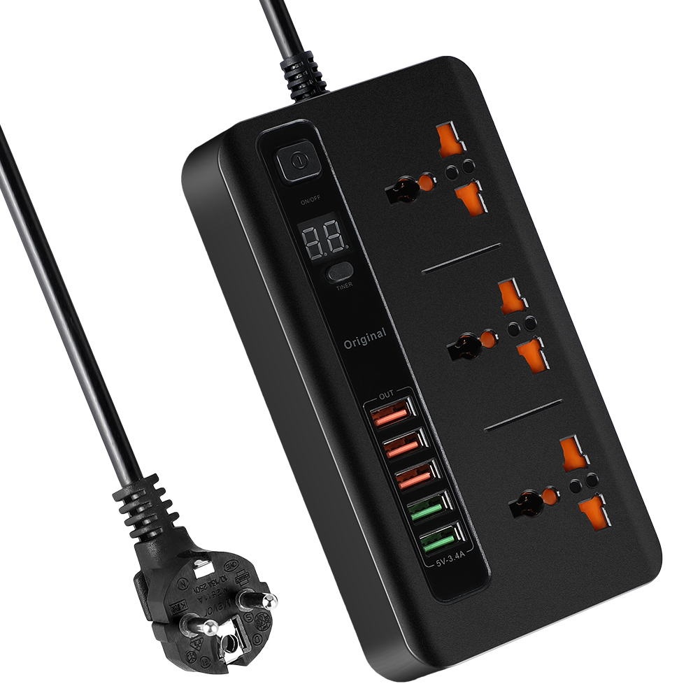 Intelligente Steckdosenleiste Mit 3 Steckdosen, 5 Usb-anschlüssen, 24-stunden-timer, 2 M Kabel, Schwarzem Abs-gehäuse, 2500 W, Überlastungsschutz, Für Zuhause Oder Büro, Kompaktes Design