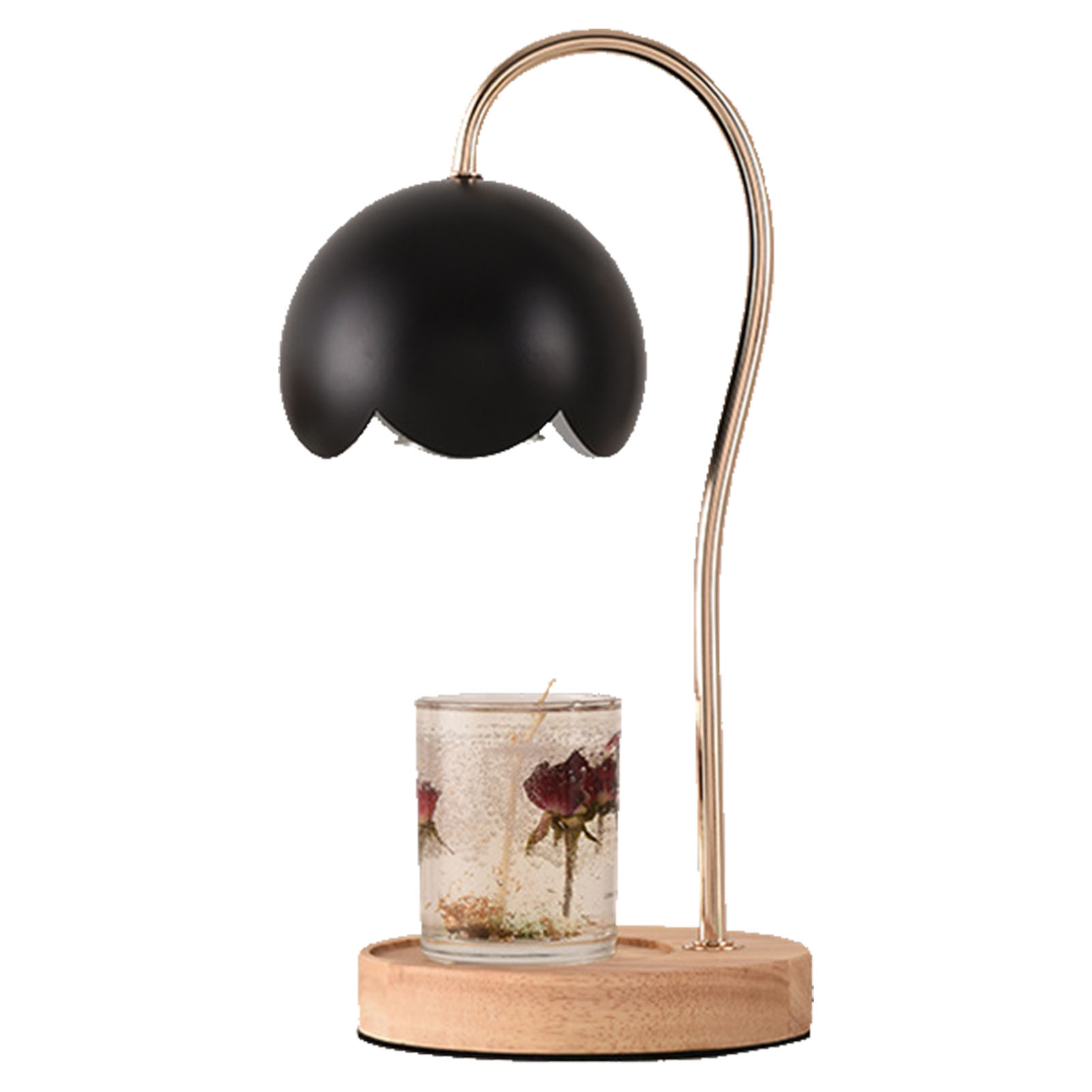 Elegante, Dimmbare Wachswärmerlampe Aus Schwarzem Metall Und Holz, 18 X 34 Cm