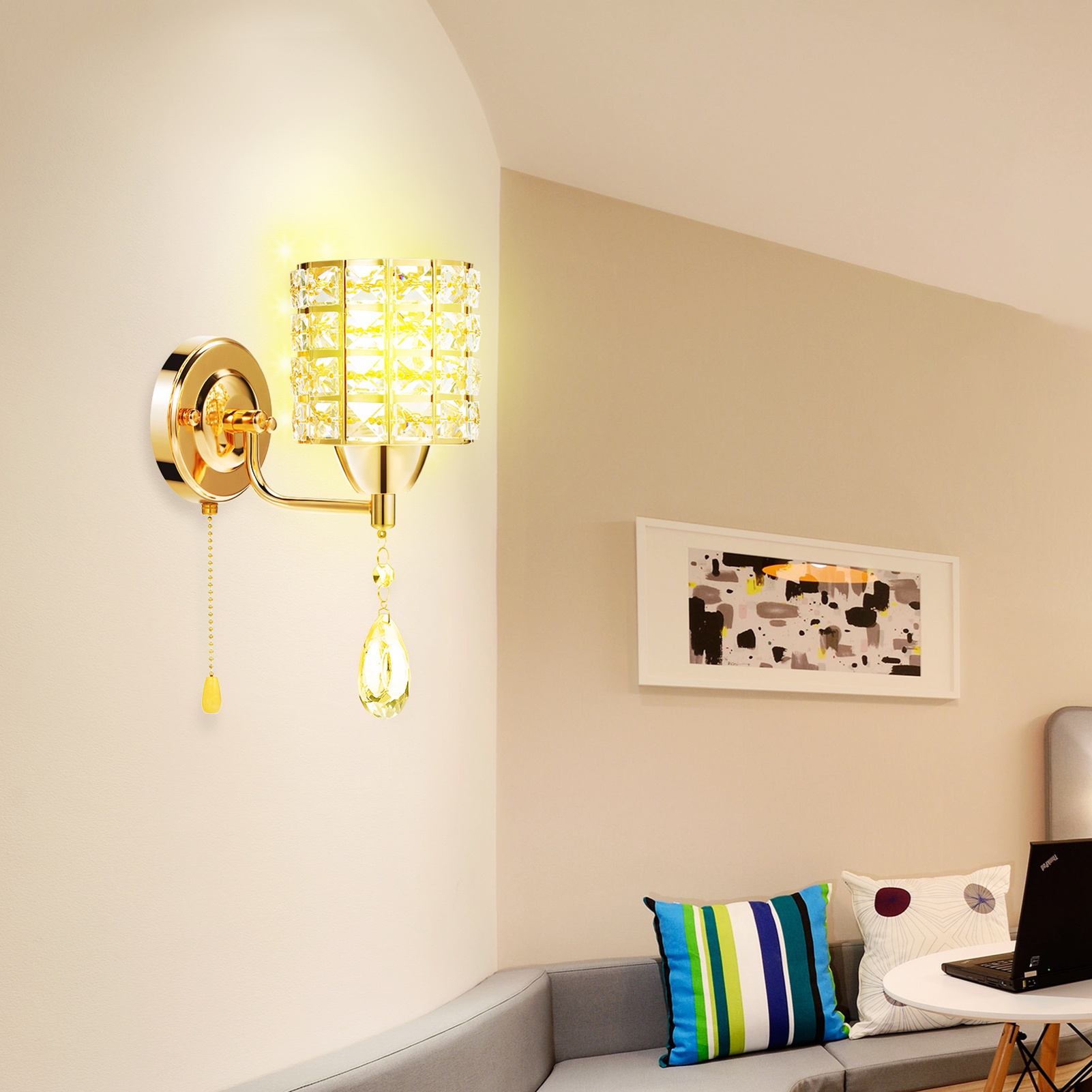 Toivize K5 Kristall-wandleuchte, Gold-finish, Zylindrischer Schirm, 40 Kristallanhänger, E27-leuchtmittel, Elegantes Design Für Schlafzimmer/flur