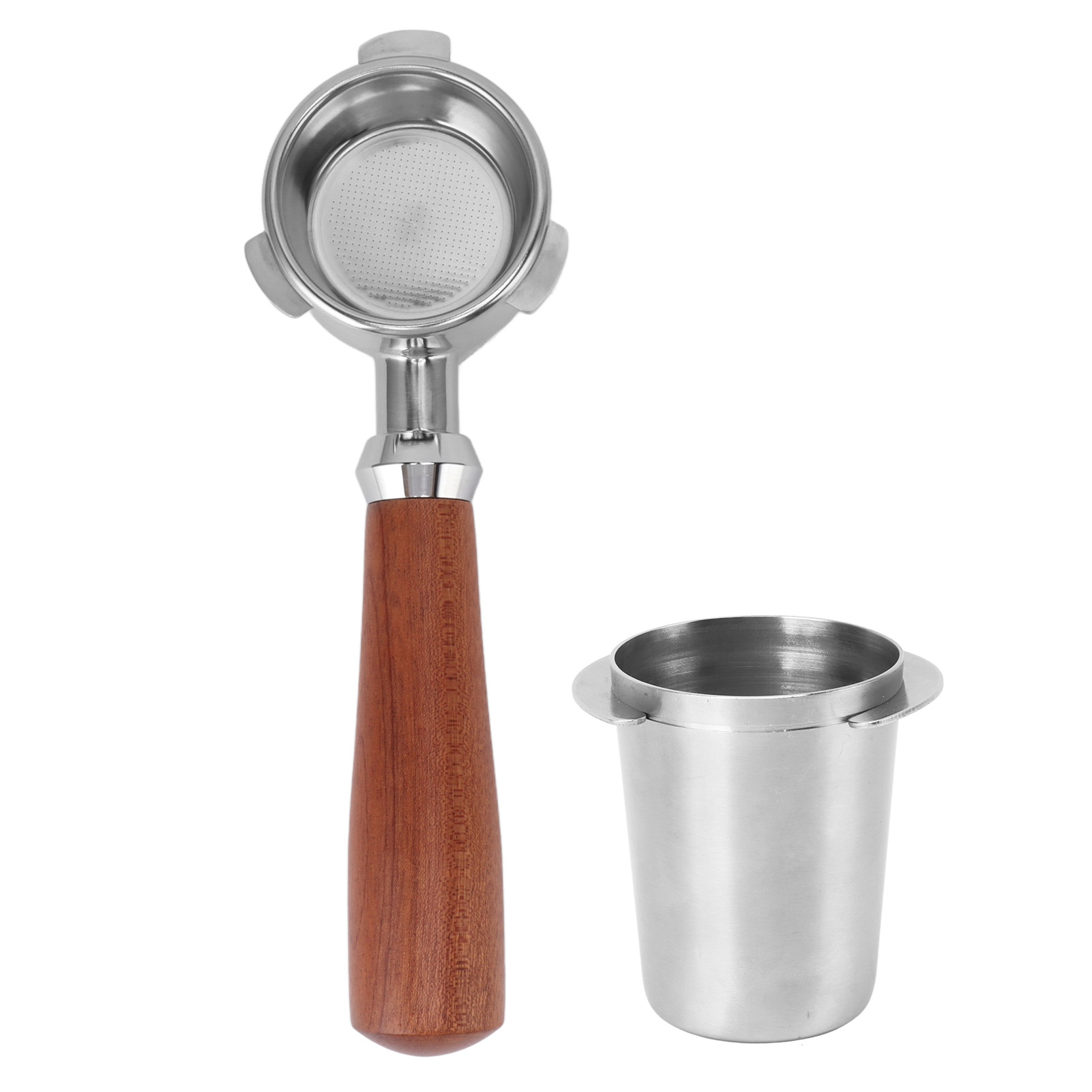 Bodenloser Edelstahl-siebträger (51 Mm), Inklusive Messbecher Mit Mahagoni-holzgriff, Kompatibel Mit Espressomaschinen, Silberfarben