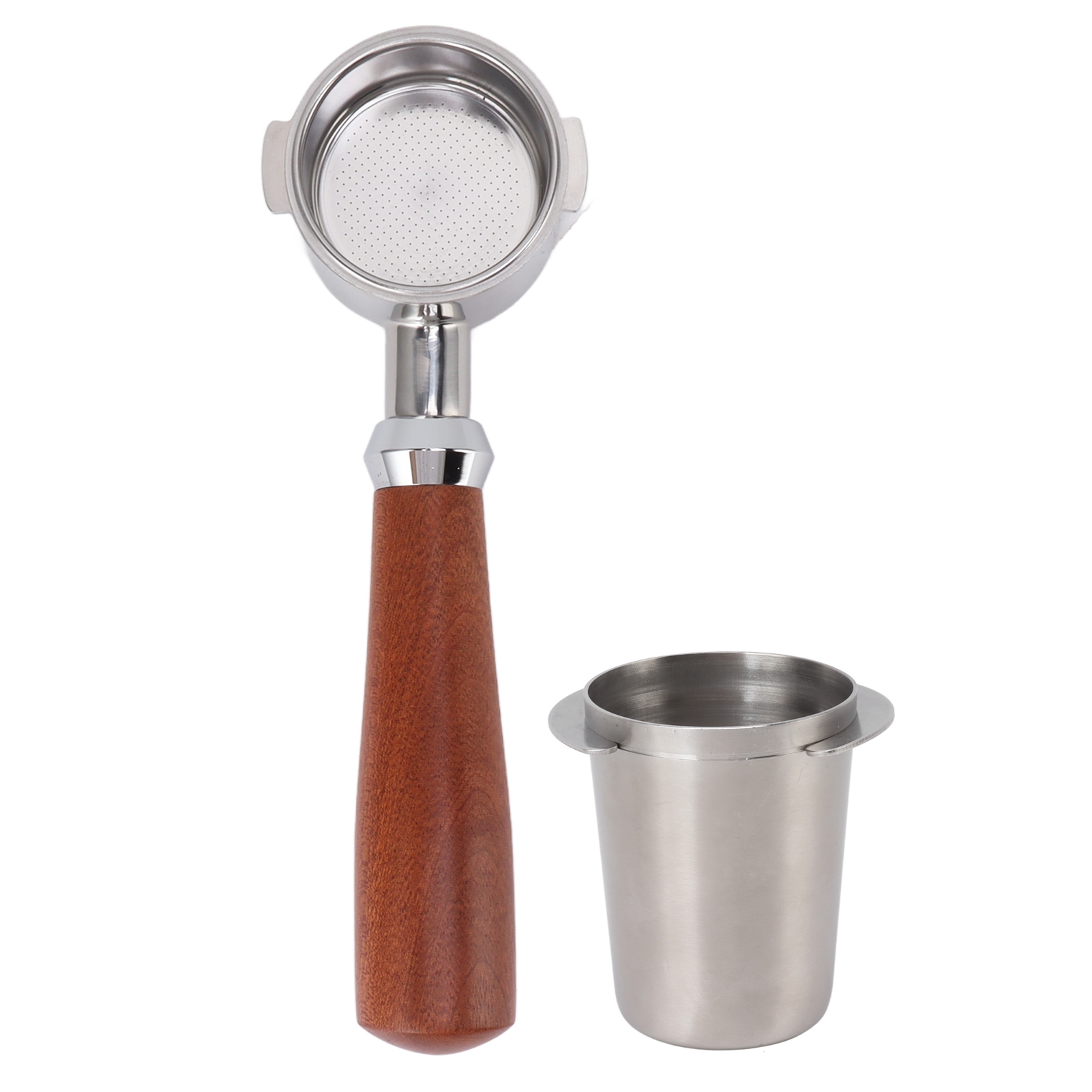 Bodenloser 51-mm-siebträger Aus Edelstahl Und Rosenholz Mit Silbernem Dosierlöffel Für Präzise Espresso-extraktion