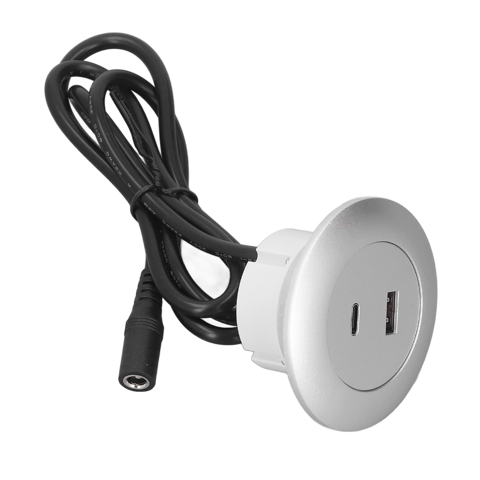 Integriertes Qc3.0 20w Desktop-usb-ladegerät, 12–30v Rundstecker, Zwei Usb-a- Und Usb-c-anschlüsse, Silberfarbenes Gehäuse, Feuerhemmendes Abs