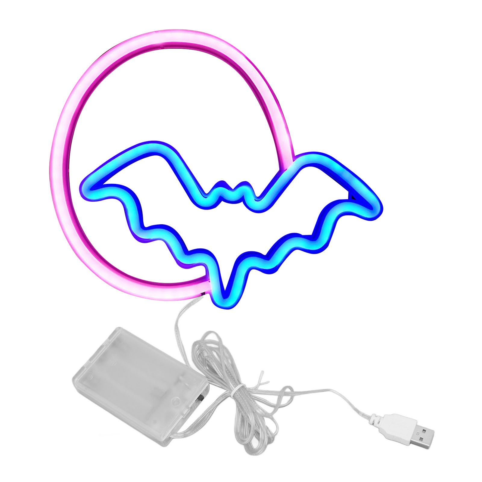 Led-neonmond Und Fledermaus – Pvc-wanddeko 25 X 21,5 Cm, Rot-blaues Licht, Usb- Oder Batteriebetrieben, Für Schlafzimmer Oder Bar
