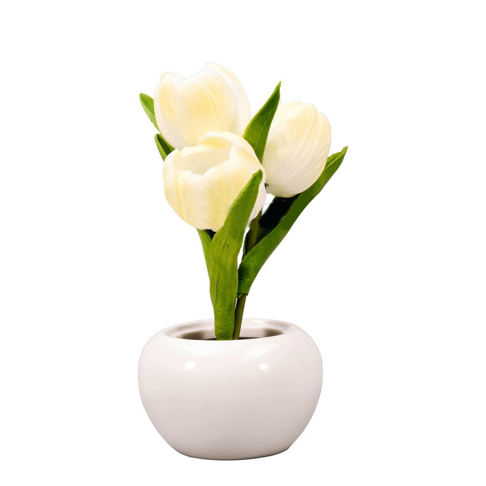 Weiße Keramik-tulpen-led-tischleuchte, 3er-set Mit Pu-blumen, Sanftes Kabelloses Licht, 22 Cm Hoch, Romantische Dekoration