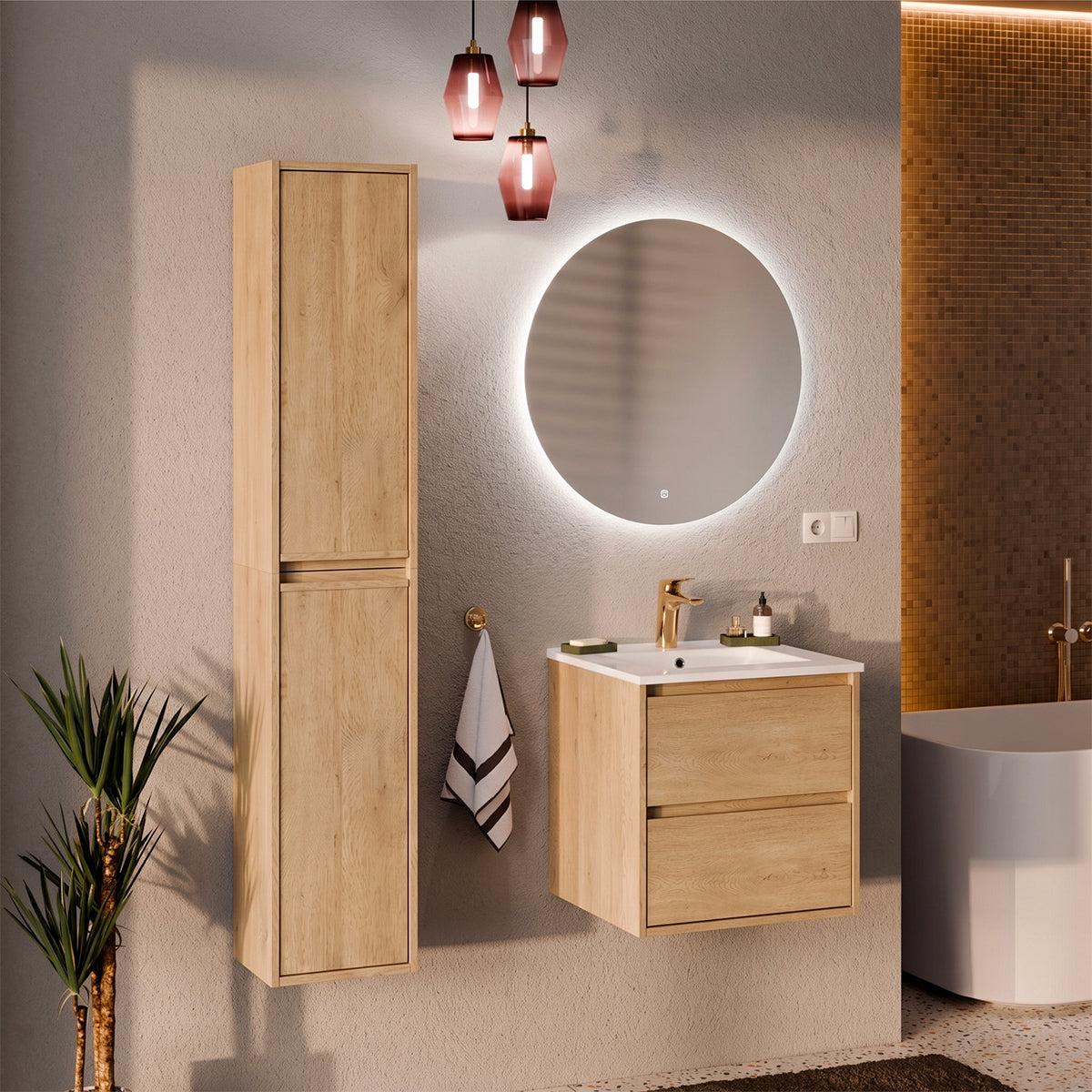 Set Waschtischunterschrank Mit Einzel-einbauwaschbecken 50 Cm Und Hochschrank Edmé Bois