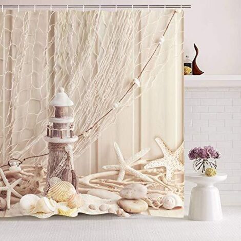 Alliandisr Duschvorhang Aus Stoff Mit Ringen – 120 X 180 Cm – Muschelmuster – Digitaldruck – Polyester – Schimmelresistent – Beige