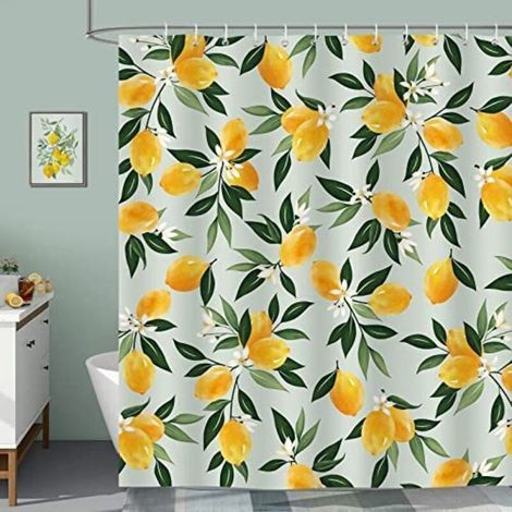 Alliandisr Duschvorhang Mit Zitronenmotiv Und Grünen Blättern, 180 X 200 Cm, Polyestergewebe, Schimmelresistent, Wasserdicht, Waschbar, Inklusive 12 Haken Für Die Badewanne