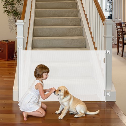 Einziehbares Babygitter Hundegitter Ausziehbar Auf 143 Breite / 795 Mm Höhe, Treppenschutzgitter Mit Sicherheitsschloss, Schutzgitter Aus Netzgewebe Für Treppen Flure Drinnen/draußen, Weiß