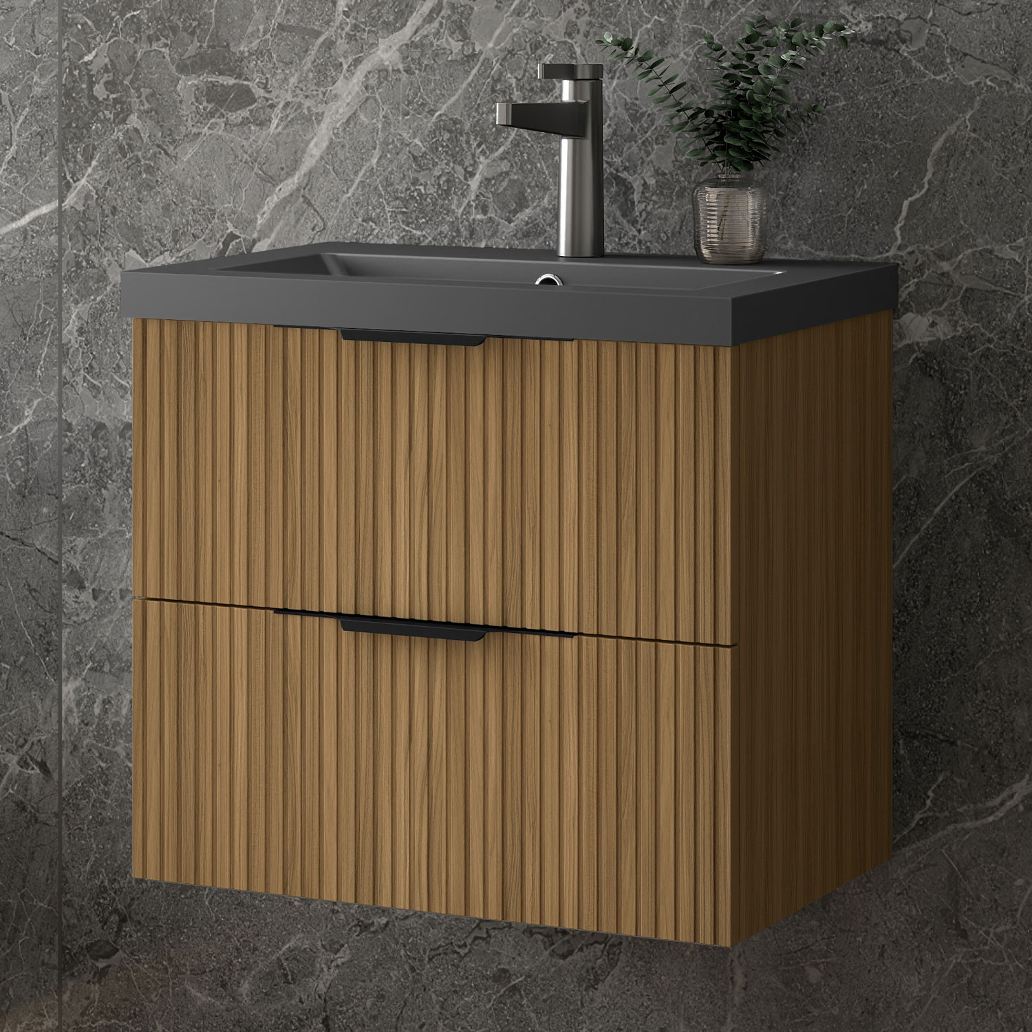 Unterschrank Mit Waschbecken Waschbeckenunterschrank, Walnussfarbe Badezimmerschrank, 2 Schubladen, 50x37x52cm, Typ Sc-kunststein Waschbecken, Sanfter Schluss, Badschrank