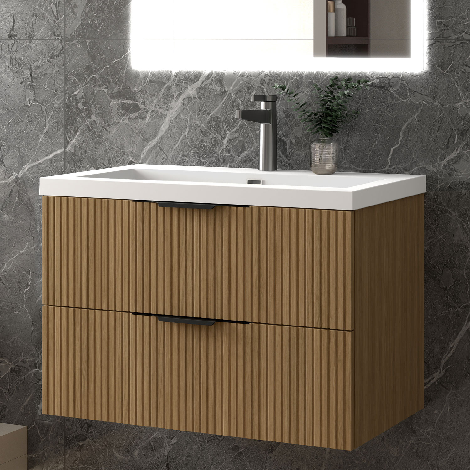 Unterschrank Mit Waschbecken Waschbeckenunterschrank, Walnussfarbe Badezimmerschrank, 2 Schubladen, 80x44.5x52cm, Typ Yc-kunststein Waschbecken, Sanfter Schluss, Badschrank