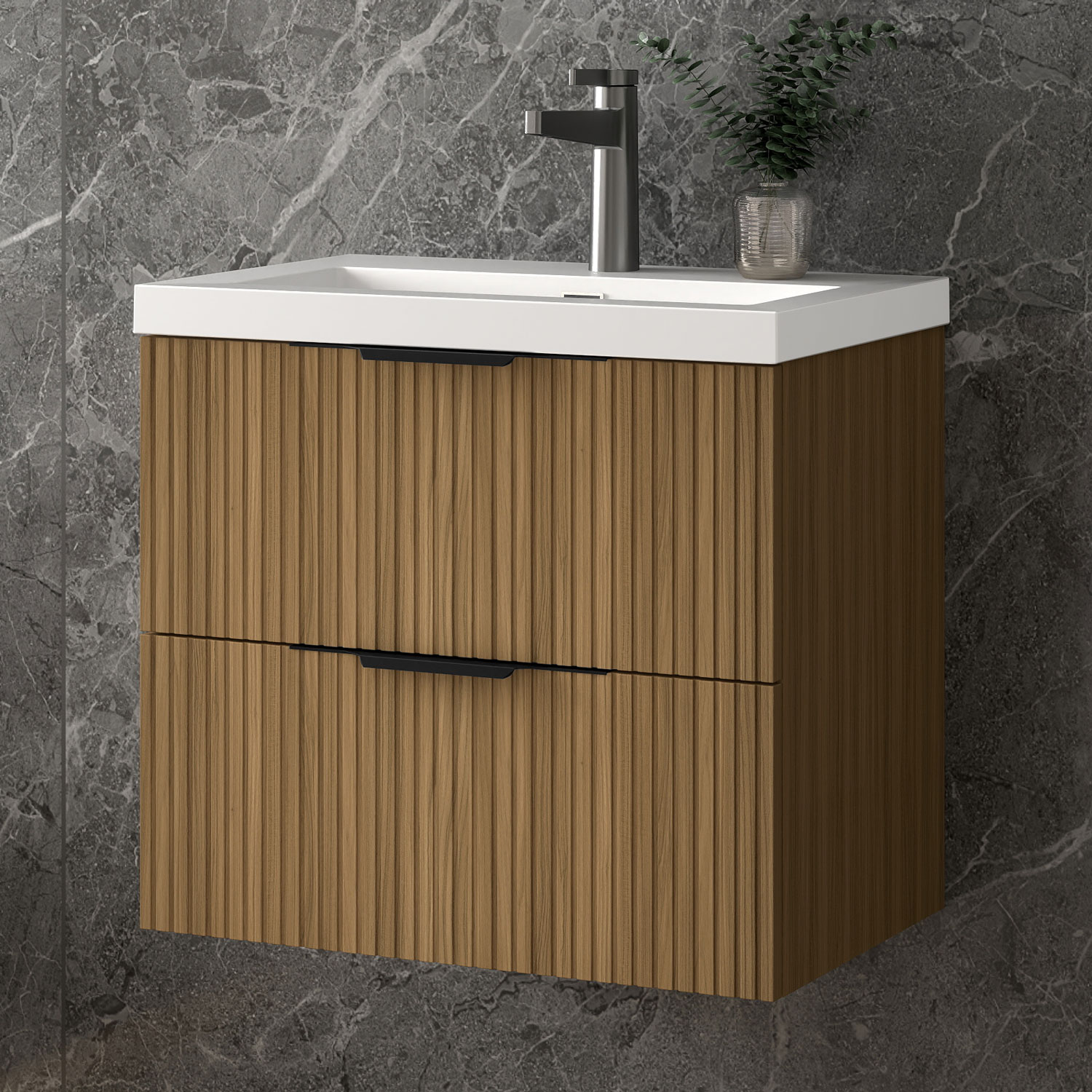 Unterschrank Mit Waschbecken Waschbeckenunterschrank, Walnussfarbe Badezimmerschrank, 2 Schubladen, 60x37x52cm, Typ Yc-kunststein Waschbecken, Sanfter Schluss, Badschrank