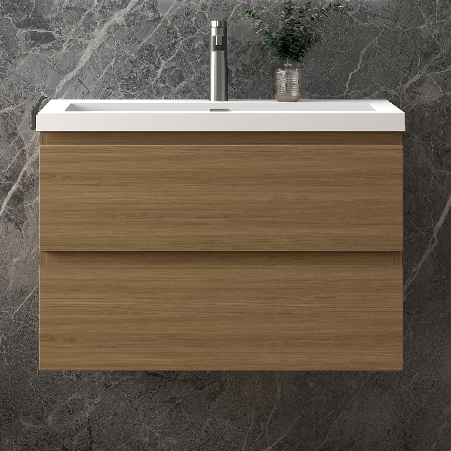 Waschbeckenunterschrank, Walnussfarbe Badezimmerschrank, 2 Schubladen, Unterschrank Mit Waschbecken80x44.5x52cm, Typ Yc-kunststein Waschbecken, Sanfter Schluss, Badschrank, Unterschrank Mit Waschbecke