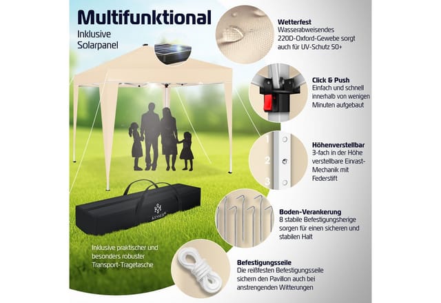 KESSER® Pavillon Faltpavillon 3x3m mit LED Beleuchtung Solar Fernbedienung Gartenzelt Höhenverstellbar & Wasserdicht + Tasche Bodenanker Pop-Up Klicksystem UV-Schutz 50+ Partyzelt