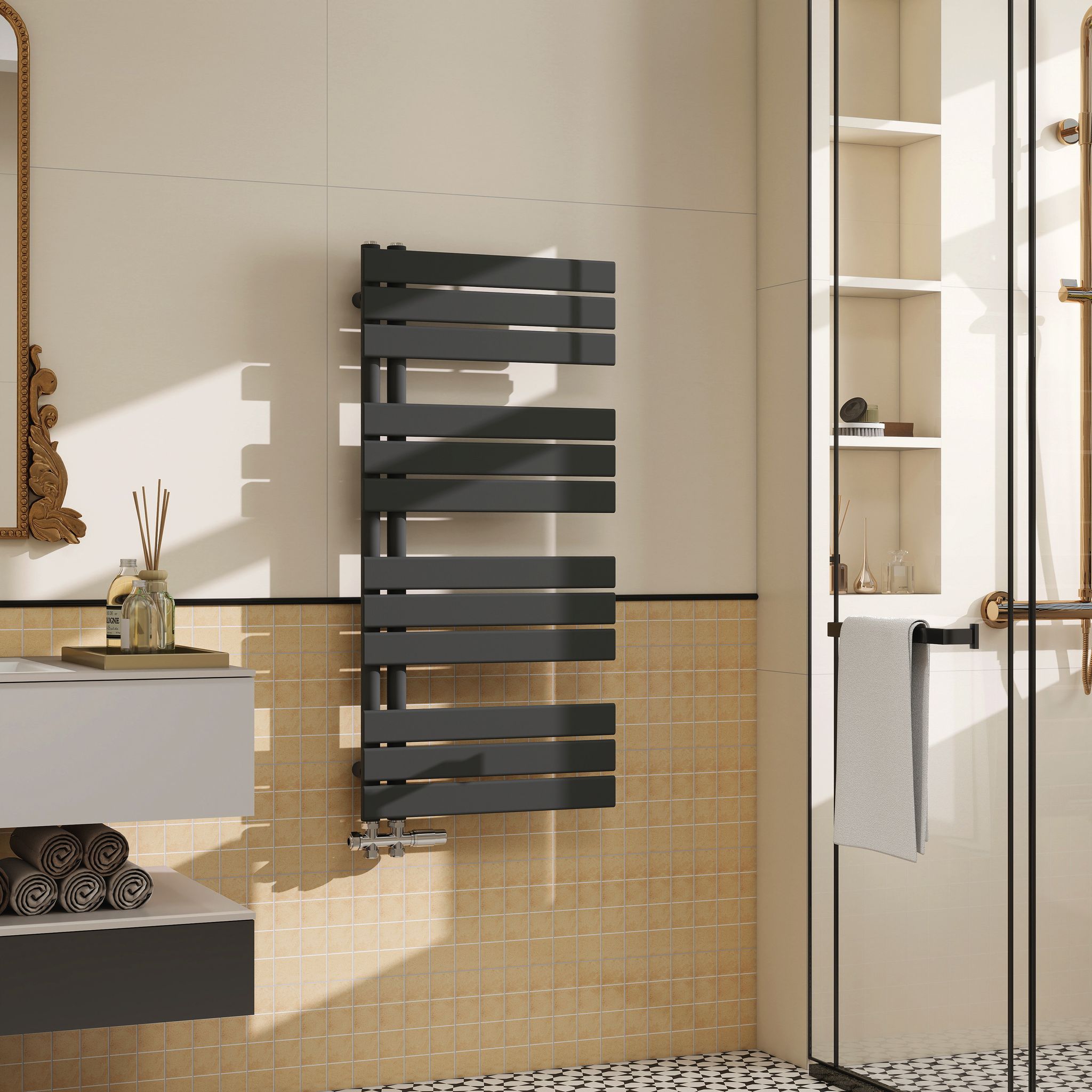 Aica Badheizkörper 1042x500 Mm, 629w, Anthrazit Handtuchheizkörper Flach Handtuchtrockner Seitenanschluss Für Wasser