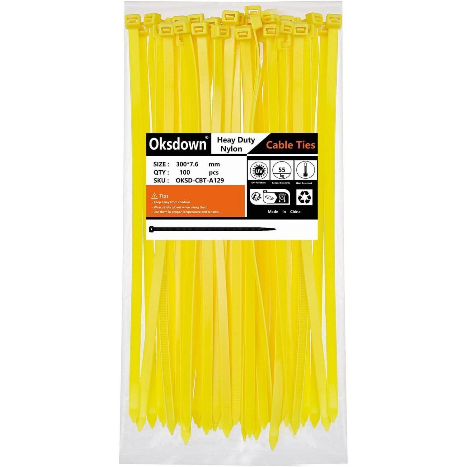 Kabelbinder 300mm X 7,6mm Gelb 100 Stück Uv-beständig 55kg Zugfestigkeit Nylon