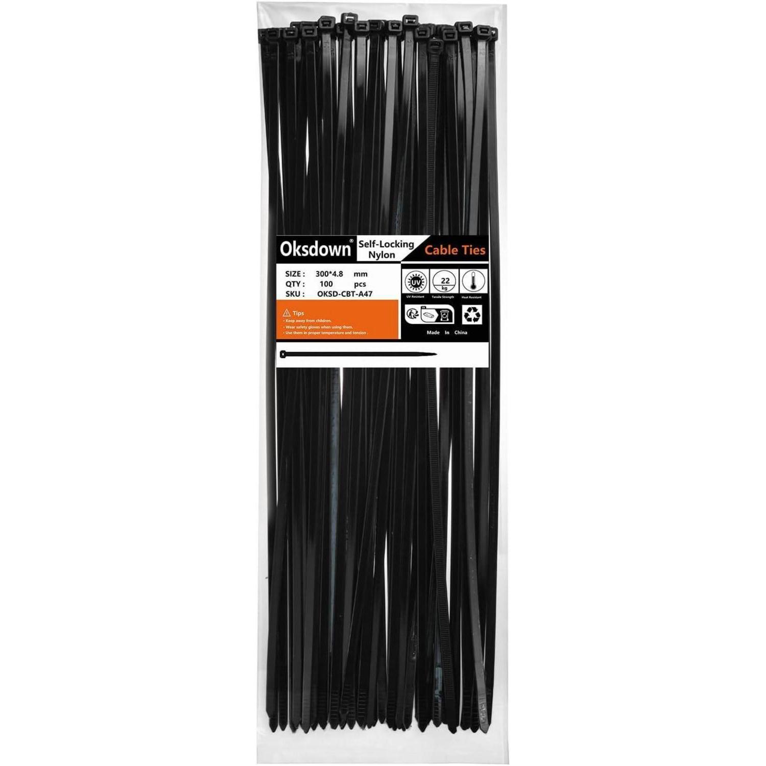 Kabelbinder Schwarz 300mm X 4,8mm, 100 Stück, Uv-beständig, 22kg Zugfestigkeit