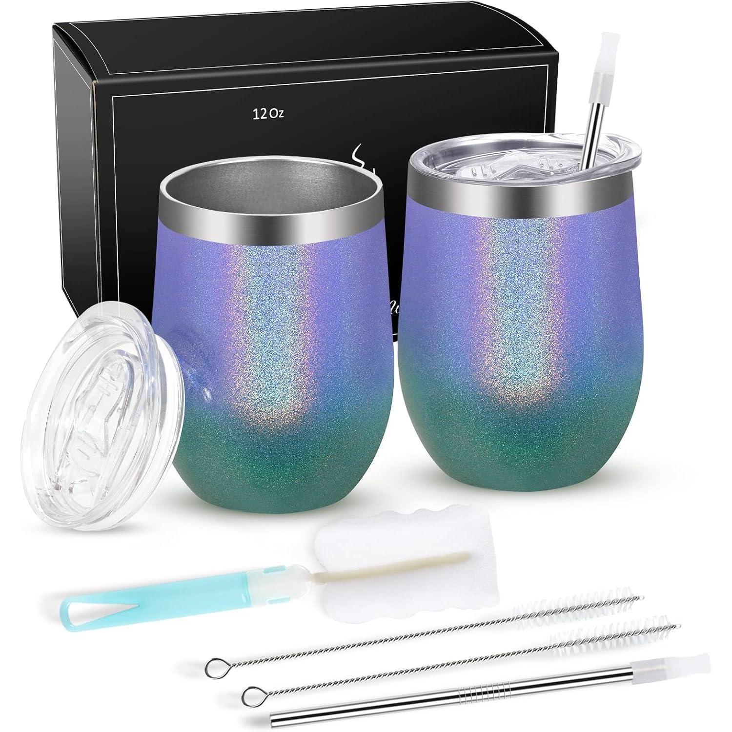 2er Set Edelstahl Weinbecher Mit Deckel, 12oz Bruchsicher, Doppelwandig, Isoliert