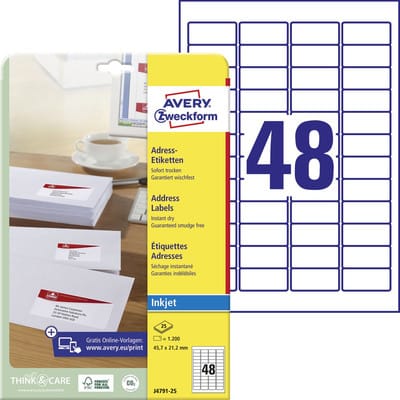 J4791-25 Adress-Etiketten, A4, 45,7 x 21,2 mm, 25 Bogen/1.200 Etiketten, weiß