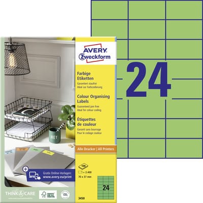 3450 Farbige Etiketten, A4, 70 x 37 mm, 100 Bogen/2.400 Etiketten, grün