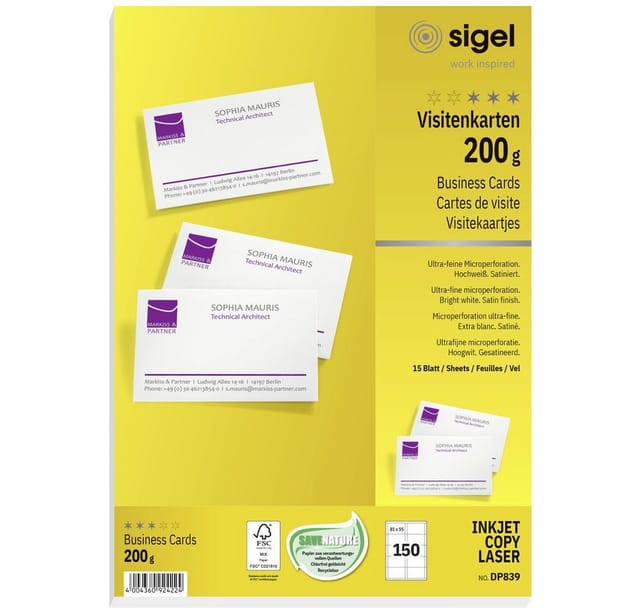 Visitenkarten, 200g/m², weiß, Pck=150St, DP839, geeignet für Inkjet und Laser