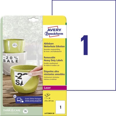 Zweckform L4775REV-20 Wetterfeste Etiketten, ablösbar, 210 x 297 mm, 20 Bogen/20 Etiketten, weiß