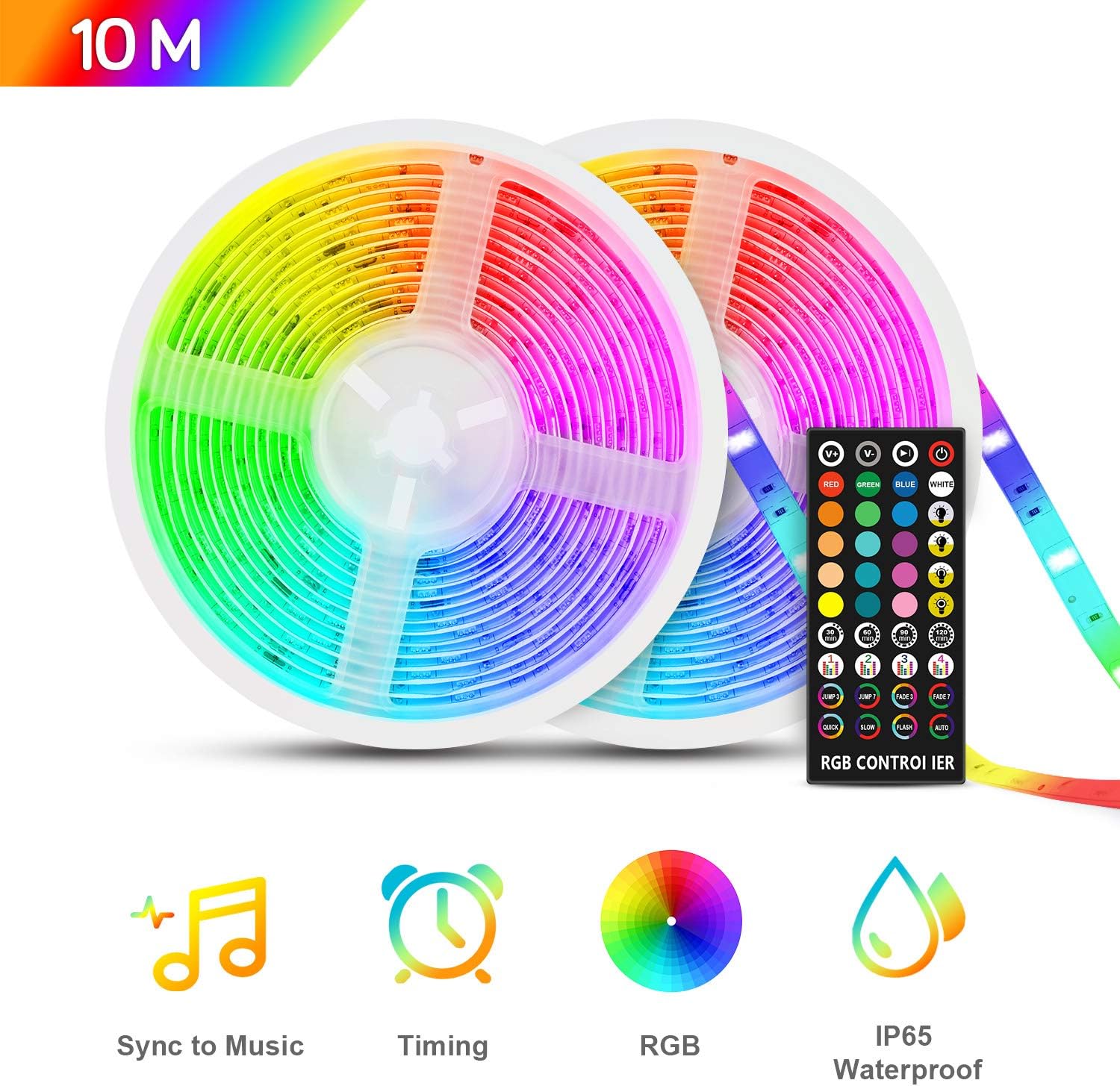 Langray – 10 M Ip65 Wasserdichter Led-streifen – 12 V Rgb5050 Mehrfarbenstreifen Mit Infrarot-fernbedienung – Musikmodus Und Timer