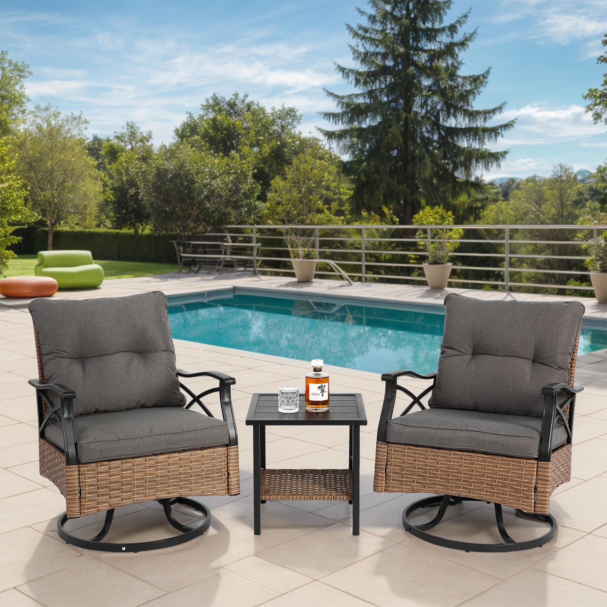 Drehbare Schaukelstühle Set 3 Stück Mit 1 Tisch Und 2 Schaukelstühle Unterstützung 350lbs Braun Wicker