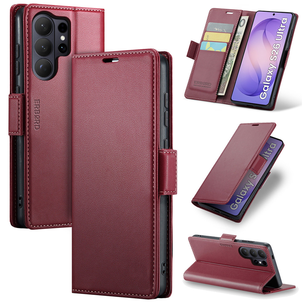 Samsung Galaxy S26 Ultra Hülle, Glänzendes Litschi, Klapphülle, Rot