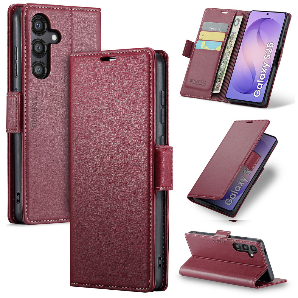 Samsung Galaxy S26 Hülle, Glänzendes Litschi, Klapphülle, Rot