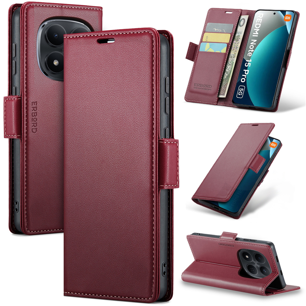 Xiaomi Redmi Note 15 Pro 5g Hülle, Glänzendes Litschi, Klapphülle Mit Brieftaschenfunktion, Rot