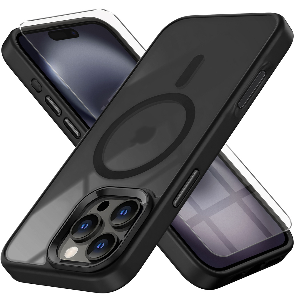 Iphone 16 Pro Max Hülle, Magsafe-kompatibel, Matte Hülle, Transparent/schwarz + Displayschutzfolie