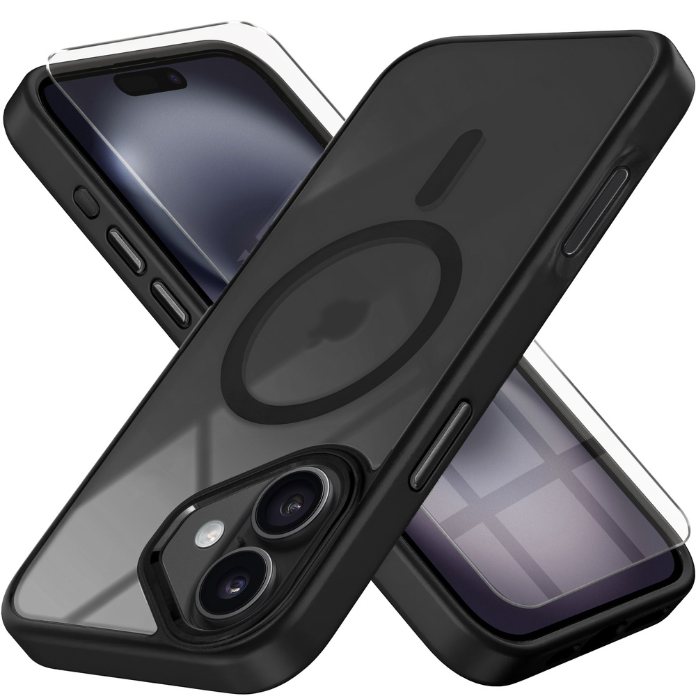 Iphone 16 Hülle, Magsafe-kompatibel, Matte Hülle, Transparent/schwarz + Displayschutzfolie
