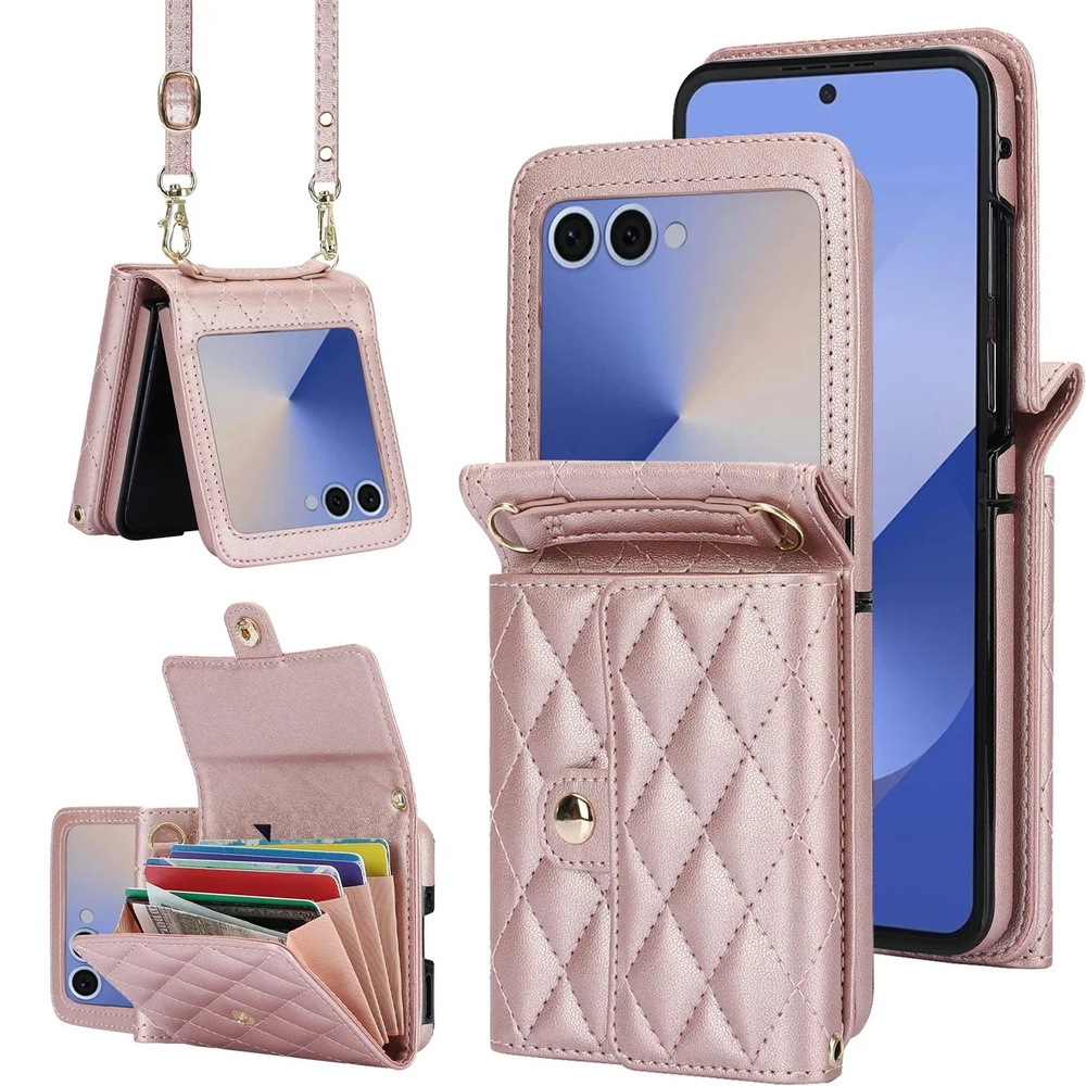 Lederhülle Mit Kartenfächern Für Samsung Galaxy Z Flip7, Roségold