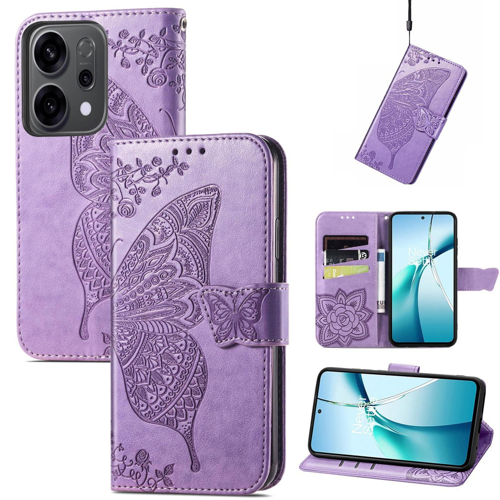 Klapphülle Für Oppo Reno 14, Geprägtes Schmetterlingsmuster, Lila